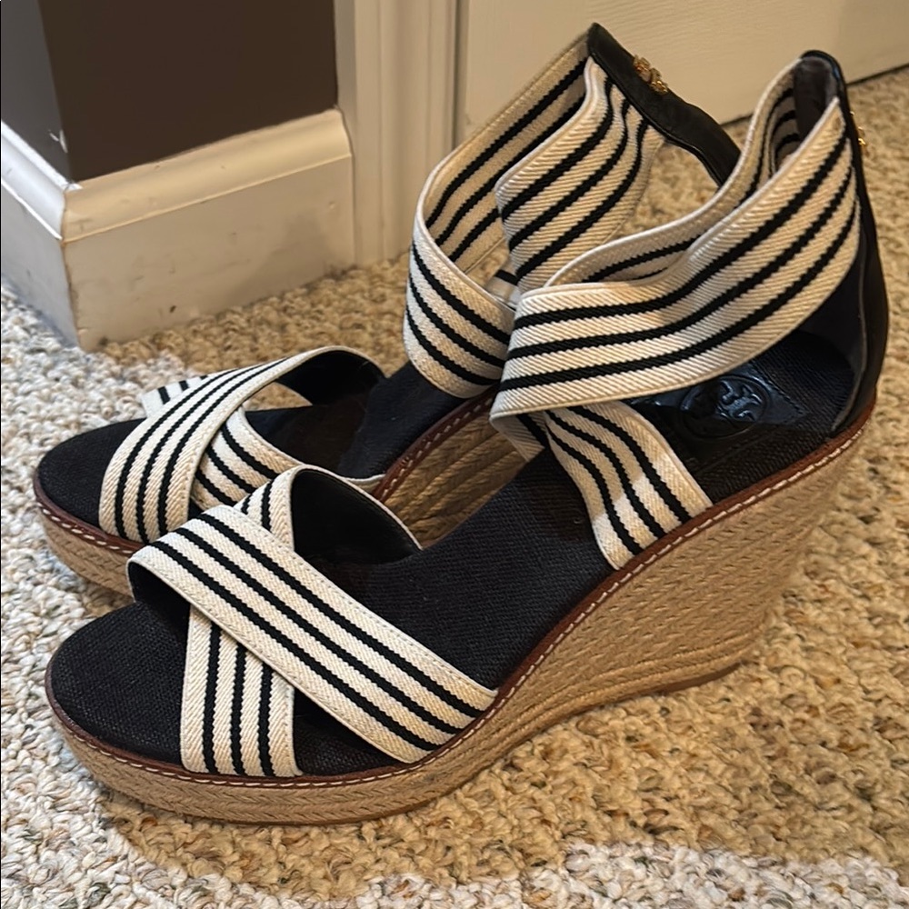 Tory Burch Striped Wedge Sandals 9.5 navy and cream